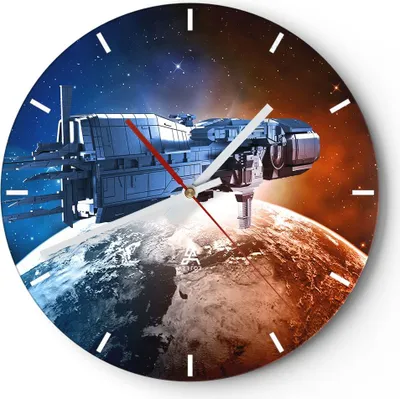 Produktbild von Wanduhr - Rund - Glasuhr - Kosmos Sputnik - 30x30cm - Schleichendes Uhrwerk - Lautlos - zum Aufhängen bereit - Dekoration Modern - Wanddekoration aus Glas - C3AR30x30-3597