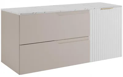 Produktbild von RODAN | Waschbeckenunterschrank Kaschmir 120 cm - Tischplatte in Weißmarmoroptik - 2 Schubladen - Hängend - MDF - Weißer Schrank mit 1 Tür - MODERN