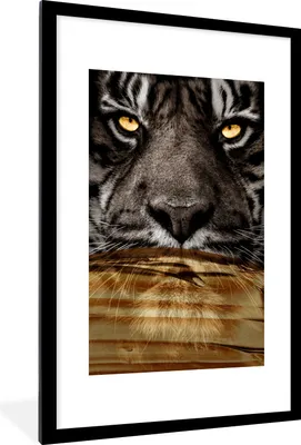 Produktbild von MuchoWow® MuchoWow® Gerahmtes Poster Tiger - Porträt - Gold 60x90 cm - Poster mit zchwarzem Bilderrahmen - Dekoration - Wandposter Wohnzimmer - Hochwertig