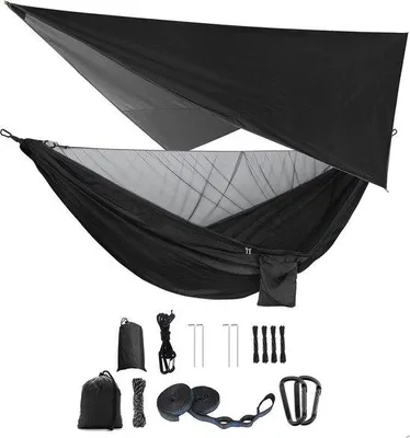 Produktbild von Famanu Camping-Hängematte mit Mückennetz und Regenfliegen - Schwarz, für 2 Personen