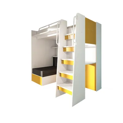 Produktbild von Marlux-Meble Hochbett JSM-7 90x200 TREPPE RECHTS mit Schreibtisch Schränke und Ausklappbares Sofa 70x180 Matt Funktionsbett Etagenbett Stockbett Kinderhochbett Jugendhochbett (Gelb Matt)