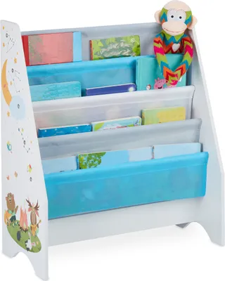 Produktbild von Relaxdays Kinder Bücherregal, Weiß, niedrig, mit 4 bunten Stofffächern & verschiedenen Motiven, aus Spanplatte, Metall & Polyester, 71x62x29 cm, 12 kg