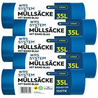 Produktbild von WRS System 5er Set Müllsäcke mit Zugband 35L 5x15 Stk. Hochleistungs-Müllbeutel Mülltüte