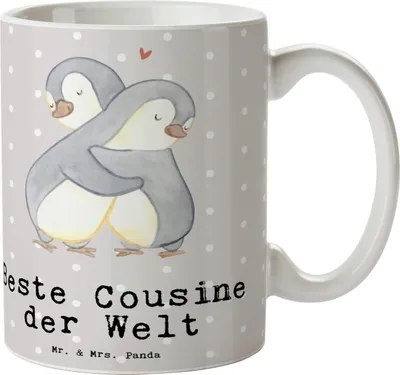 Produktbild von Mr. & Mrs. Panda Tasse Pinguin Beste Cousine der Welt - Grau Pastell - Geschenk, Kaffeetasse, Dankeschön, Cousinchen, haferl, Kaffeebecher, Familie, Becher, Kusine