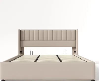 Produktbild von Flieks Polsterbett 180x200cm, Hydraulisches Boxspringbett mit Lattenrost, Stauraumbett Doppelbett Massivholzbett, Leinenstoff, Beige