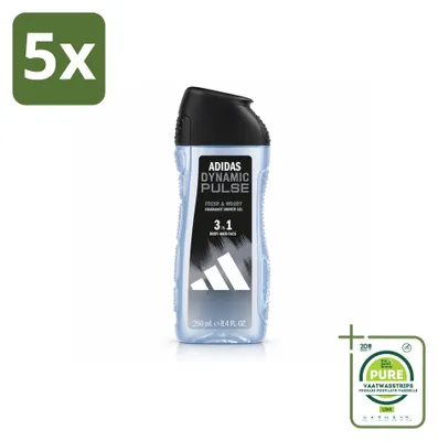 Imagen del producto de 5 unidades de gel de ducha Adidas Dynamic Pulse 3 en 1, 250 ml cada uno. Pack grande