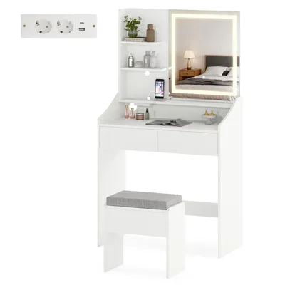 A white vanity table with a lighted mirror, a stool, and a power outlet strip.