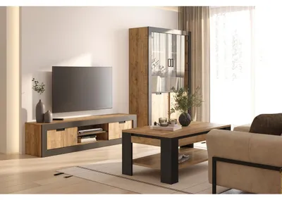 Productafbeelding van Complete woonkamerset MEUNIER – Tv-meubel, vitrinekast & salontafel in Samdal eiken & mat zwart