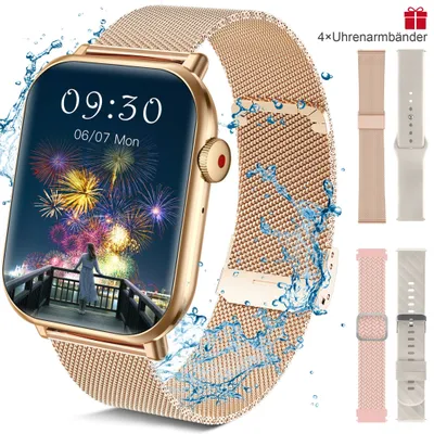 Produktbild von Smartwatch Damen Herren,1,96 "HD Fitness Tracker Uhr mit Telefonfunktion 100+Sportmodi,Herzfrequenz,IP68 Wasserdicht für Android iOS 4 Armbändern