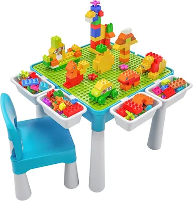 Produktbild von 5-in-1-Kinder-Aktivitäts-Tischset - 128 Teile Kompatibel mit Bausteinen Spielzeug, Spieltisch Enthält 1 Stuhl und Bausteintisch mit Aufbewahrung
