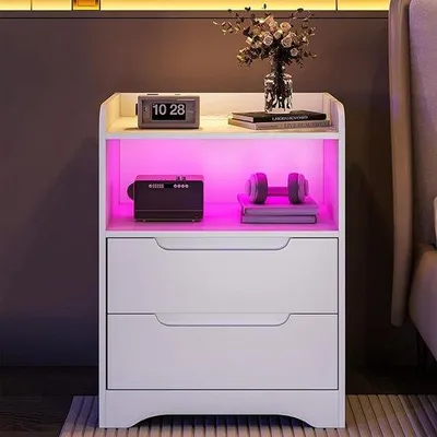 Obrázek produktu pro Noční stolek se zásuvkami a LED osvětlením (2 zásuvky AC a 2 USB porty) – noční stolek se 2 zásuvkami a 1 otevřeným přihrádkou – odkládací stolek – konferenční stolek do obývacího pokoje – ložnice – bílý