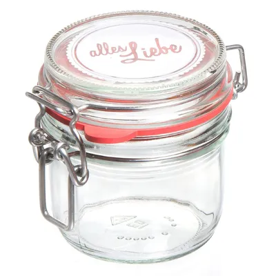 A clear glass jar with a red rubber seal and a metal clasp, on a white background.