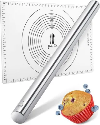 Immagine prodotto di Tappetino in silicone Unyqoos® 60 x 40 cm con mattarello in acciaio inossidabile da 42,5 cm (650 g) – Antiscivolo, antiaderente, resistente al calore fino a 230 °C, lavabile in lavastoviglie