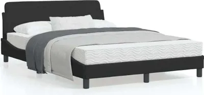 A black bed frame with a headboard, mattress, and bedding, shown on a white background.