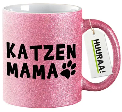 Produktbild von Huuraa Glitzertasse Katzenmama Tapse 330ml Pink Keramik Kaffeebecher Geschenkidee