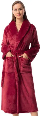 Produktbild von Unyqoos® Fleece-Bademantel für Damen – warmer, langer Bademantel mit Schalkragen, Bindegürtel und Taschen, 100% Polyester, ideal als Loungewear & Spa