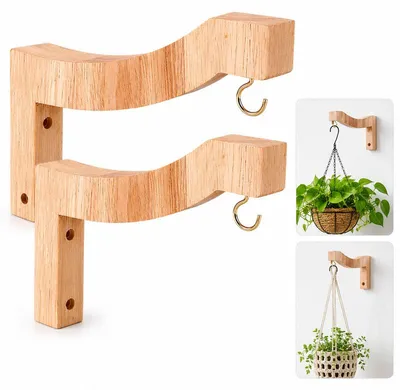 Produktbild von Pflanzenhaken Holz 2er Set, Blumenampel Wandhalter 18 cm, robuste Pflanzenaufhängung für Balkon, Terrasse, Garten & Innenbereich