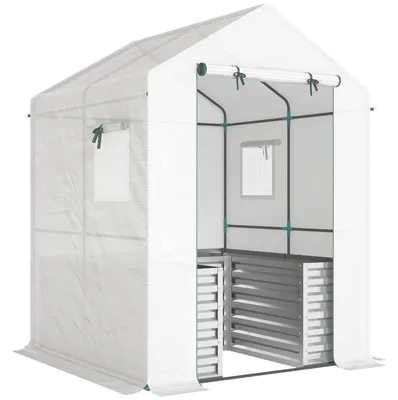 Image de Serre pour tomates avec jardin vertical, porte coulissante et fenêtre | Couleur : Blanc | Dimensions : 141 x 141 x 190 cm