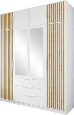 Produktbild von MIRJAN24 Kleiderschrank Tytus Lux D4 mit Schrankaufsatz, Garderobe mit 8 Drehtüren und 3 Schubladen, Aluminumgriffe, Kleiderstange, Frontspiegel (Farbe: Weiß / Weiß + Eiche Wotan)