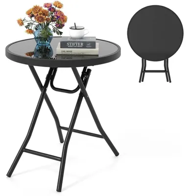 Immagine prodotto di Tavolino pieghevole - Tavolo da giardino - Piano in vetro temperato - Resistente alle intemperie - 46×46×48 cm - Nero