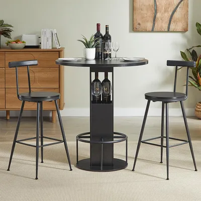 Produktbild von 3-tlg Bartisch-Set mit 31,5-Zoll Küchentisch und 2 Barstühlen für Esszimmer Bars Schwarz