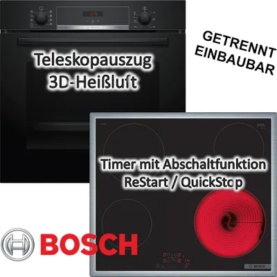 Produktbild von HERDSET BOSCH Backofen Teleskopauszug EcoClean Direct + Elektrokochfeld Timer autark 60cm