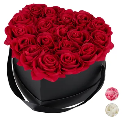 Kunstblumenbox mit 18 roten Rosen, Herzform, Geschenkbox