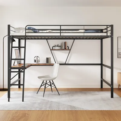 Immagine prodotto di Letto okwish 90x200 cm, struttura in metallo, letto con scrivania a forma di L e ripiano, adatto a bambini, adolescenti e adulti, colore nero