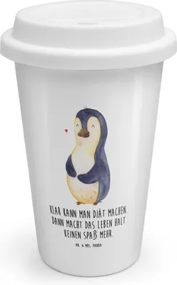 Produktbild von Mr. & Mrs. Panda Thermobecher Pinguin Diät - Weiß - Geschenk, Kaffeebecher To Go, Foodbaby, Bauch, Abnehmen, Coffee Becher, ToGo, Mehrwegbecher