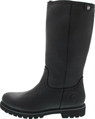 A black leather winter boot is shown from the side against a white background.