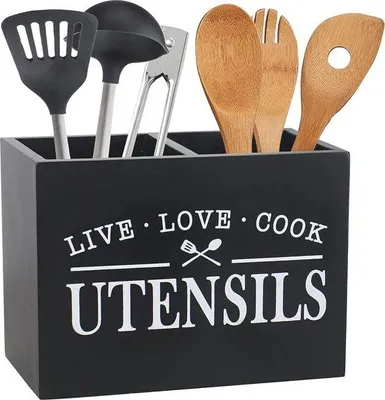 Image de Grand rangement de cuisine avec 2 tiroirs pour ustensiles de cuisine - Élégants porte-ustensiles en bois pour plan de travail