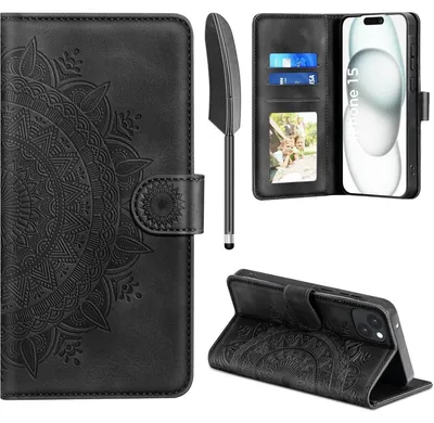 Productafbeelding van Telefoonschaal iPhone 15, Polyurethanleer, flippercase, kaarthouder, zwart