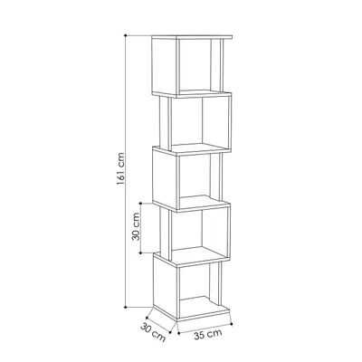 A line drawing of a tall, narrow bookshelf with dimensions indicated.