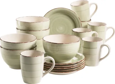 Produktbild von Mäser 931490 Lumaca Frühstück-Service für 6 Personen im Vintage Look, handbemalte Keramik, Geschirr-Set, Steingut, olivgrün, 18-teilig (1 Set)