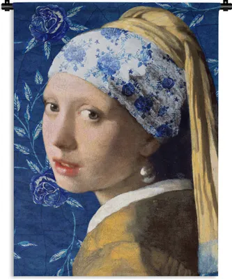 Produktbild von MuchoWow® Wandteppich Wandbehang Mädchen mit Perlenohrring - Delfter Blau - Vermeer - Blumen - Gemälde - Alte Meister 60x80 cm Tapisserie Dekoration Wandtuch - Decke - Wandtücher - Wohne