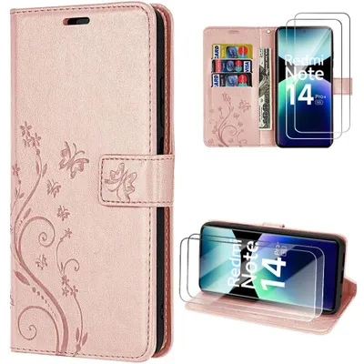 Image de Coque et 2 Verres Trempés pour Xiaomi Redmi Note 14 Pro Plus 5G, Synthécuir Motif Papillon Fleur Rose