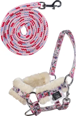A horse halter and lead rope set with a floral pattern.