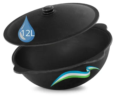 Produktbild von Authentischer usbekischer Kazan aus Gusseisen 12 L mit Aluminium Deckel - Kasan unbeschichtet für echten Plov Schwenktopf Namangan Dutch Oven