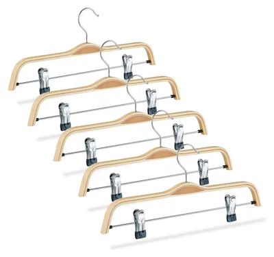 Immagine prodotto di Set da 5 grucce per pantaloni Relaxdays in legno, con clip regolabili e gommate, gancio girevole a 360°, larghezza 37 cm, colore naturale