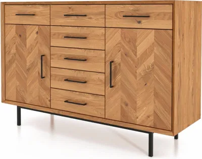 Produktbild von Kommode Seiba Wildeiche massiv 144x45x95 mit 2 Türen 7 Schubladen Fischgrät