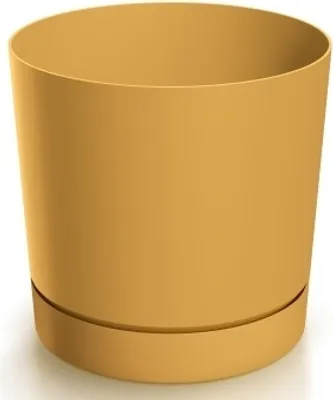 A single mustard yellow planter pot with a matching saucer, presented against a white background.