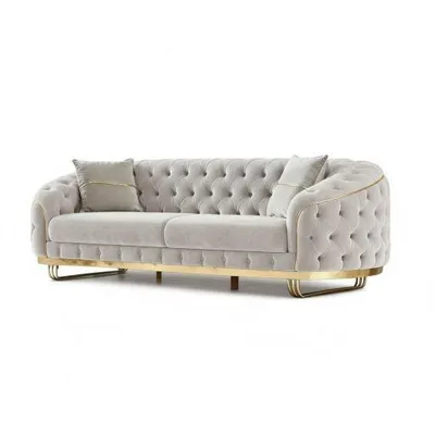 Produktbild von Sofa -Set MIRA mit Knopfheftung in 5 edlen Farbvarianten 3-Sitzer + 3-Sitzer + Sessel Farbe: Hellgrau