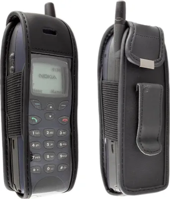 Two views of a black leather phone case with a Nokia phone inside, shown against a white background.