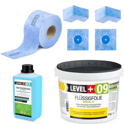 Obrázek produktu pro Hydroizolační sada Tekutá fólie 4 kg Těsnicí páska 5mb Základní nátěr Koupelnová sprcha Level+ SET61