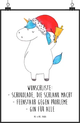 Produktbild von Mr. & Mrs. Panda Bild Einhorn Weihnachtsmann DIN A2 - Weiß - Geschenk, Schokolade, Unicorn, Einhörner, Kunstdruck, drucke, Weihnachten, Plakat, poster, wanddeko, Nikolaus