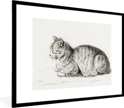 Produktbild von MuchoWow® MuchoWow® Gerahmtes Poster Liegende Katze - Gemälde von Jean Bernard 80x60 cm - Poster mit zchwarzem Bilderrahmen - Schlafzimmer-Dekorationen - Fotoposter