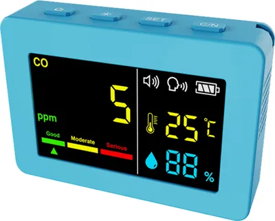 Productafbeelding van Draagbare luchtkwaliteitsmeter 3-in-1: CO-meter, temperatuur- en vochtigheidmeter. Met kleurendisplay, koolmonoxidemeter met spraakalarm en functie voor het weergeven van de batterijduur
