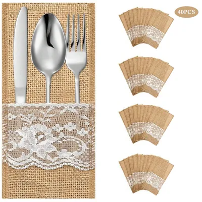 Produktbild von 40 Stück Bestecktasche Jute Besteckbeutel,aus Sackleinen,mit Spitze Hochzeitsdeko Tischdeko für Hochzeit Party Restaurant,11*21cm