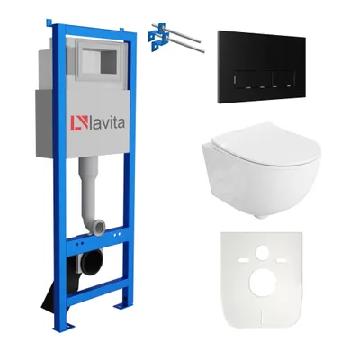 Produktbild von Lavita LAV 101 Vorwandelement für WC 40cm + Wand Hänge Tiefspül WC BRAVA Weiß Spülrandlos + Bedienplatte LAV 200.3.4 Schwarz | Komplettset | Unterputz Spülkasten | Toilette Komplett Sett