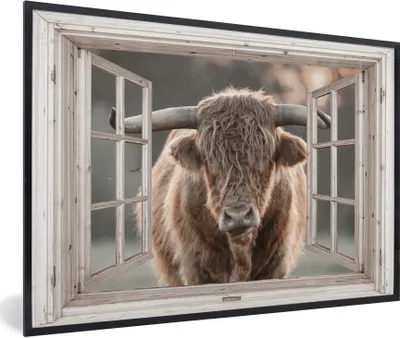 Produktbild von MuchoWow® Gerahmtes Poster Schottischer Highlander - Tier - Ansicht 90x60 cm - Poster mit Schwarzem Bilderrahmen Wandposter Rahmen Foto Bilder - Fotorahmen - Foto-Plakat